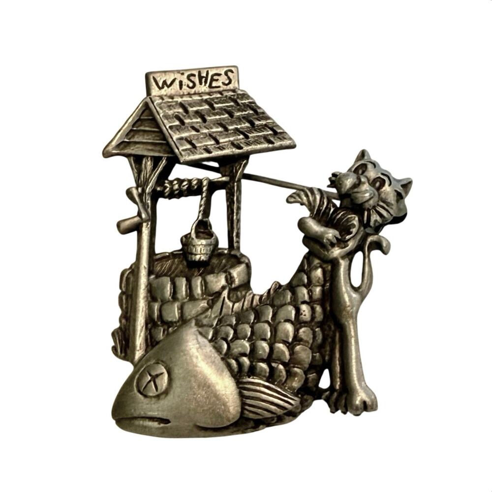 J.J. Pewter Wishing Well Cat & Fish Brooch